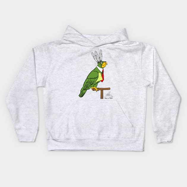 Oscar the Catoon Parrot as a Secretary Bird Kids Hoodie by Laughing Parrot